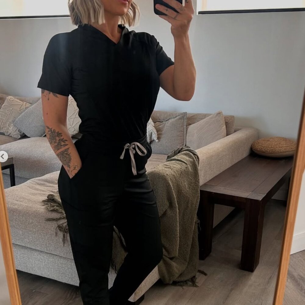 3 SETS OF AMARA SCRUBS - Black, Burgundy, Teal (XS tops, S bottoms)